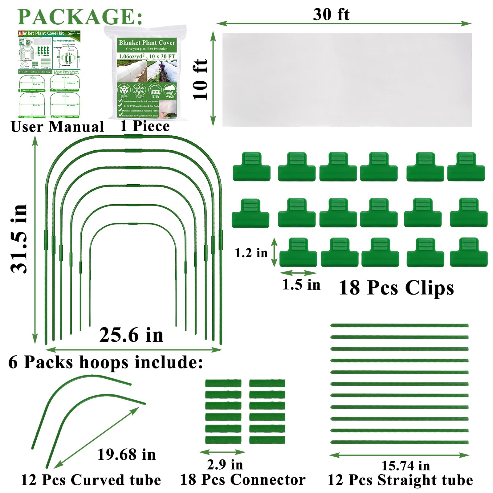 WYRJXYB Plant Covers Freeze Protection Kit 10 x 30Ft with 6Pcs Garden Hoops & 18 Clip-Frost Cloth Plant Blankets Floating Row Cover for Outdoor Plants Raised Bed Greenhouse Winter Frost Sun Protection