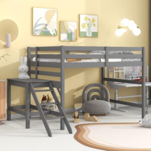 polibi full low loft bed with attached platform and ladder, space-saving full size wooden loft bed, grey