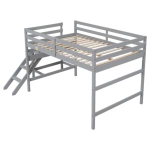 Polibi Full Low Loft Bed with Attached Platform and Ladder, Space-Saving Full Size Wooden Loft Bed, Grey