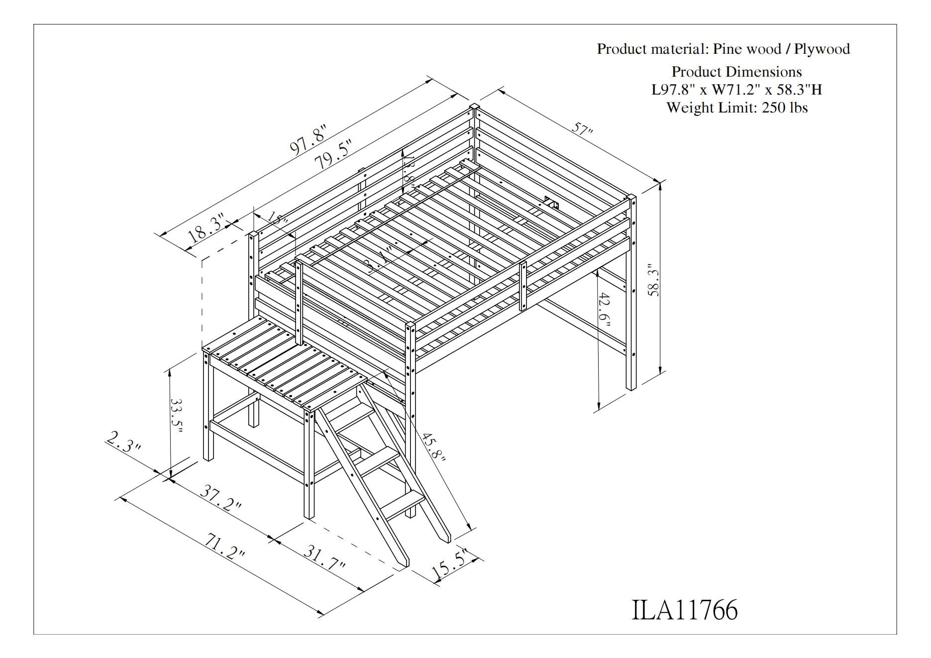 Polibi Full Low Loft Bed with Attached Platform and Ladder, Space-Saving Full Size Wooden Loft Bed, Grey