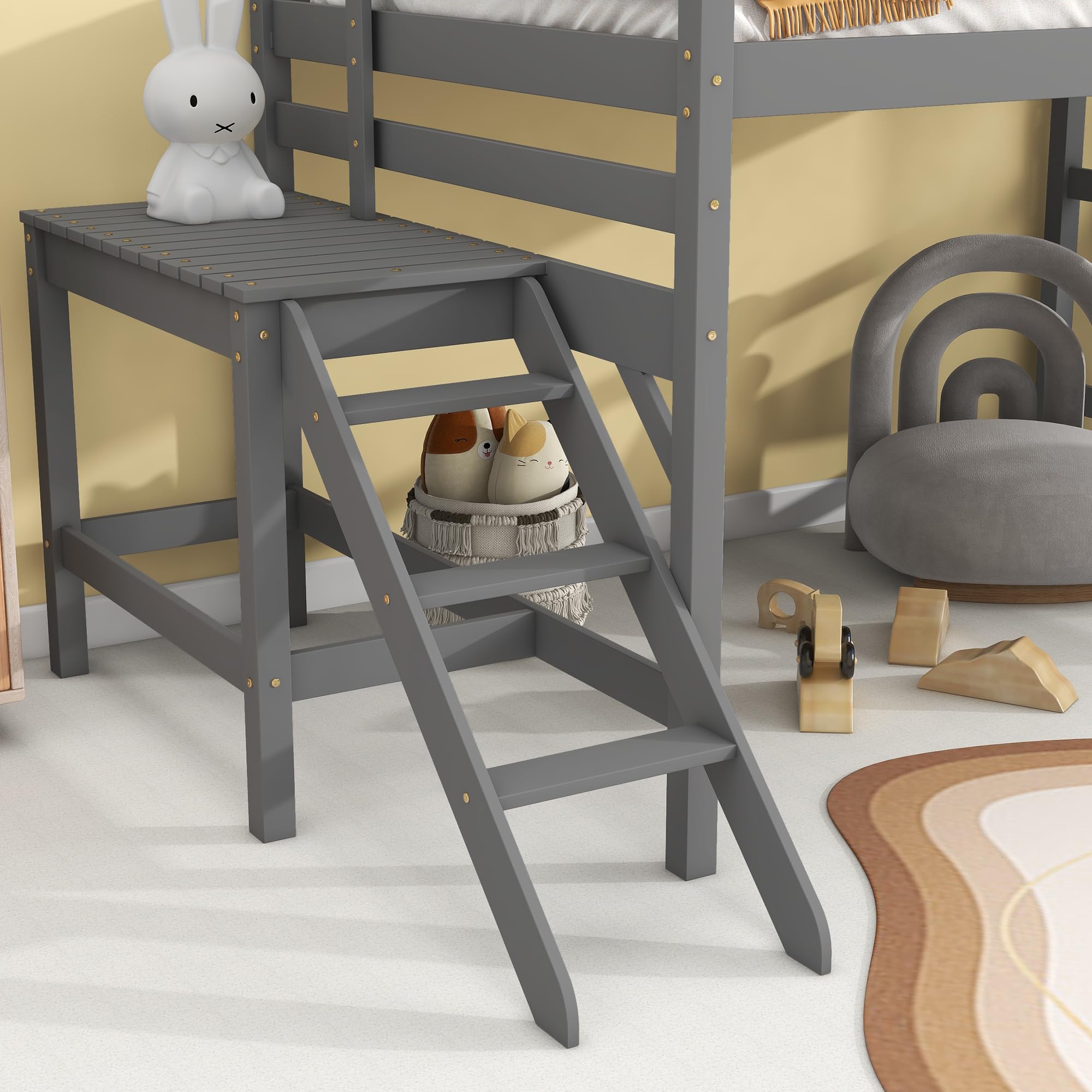 Polibi Full Low Loft Bed with Attached Platform and Ladder, Space-Saving Full Size Wooden Loft Bed, Grey