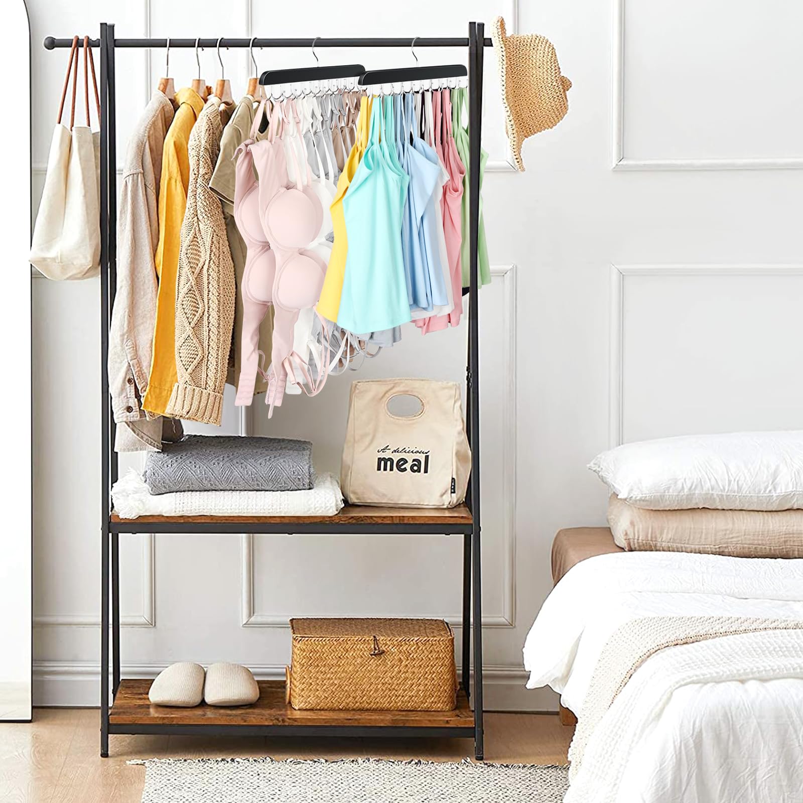 Resovo Bra Hanger for Closet, Tank Top Hanger 20 Hooks Capacity Foldable Wood Space Saving Hanger Closet Organizers and Storage for Dorm & Apartment for Tank Top, Bra, Scarf etc.