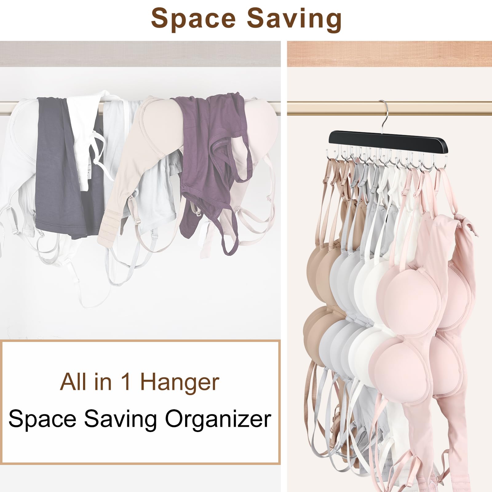 Resovo Bra Hanger for Closet, Tank Top Hanger 20 Hooks Capacity Foldable Wood Space Saving Hanger Closet Organizers and Storage for Dorm & Apartment for Tank Top, Bra, Scarf etc.