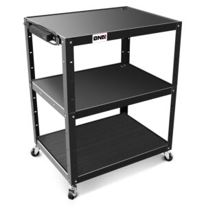 dna motoring 3-layer utility steel av cart with wheels power strip, 35" x 25" x 24"-42" height adjustable rolling projector cart,tools-00137