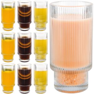 qummfa 10 pack ribbed drinking glasses, 11oz glass cups set, beer glasses, iced coffee glasses, coffee bar accessories, glass tumbler for water, juice, cocktail, smoothies, vintage glassware