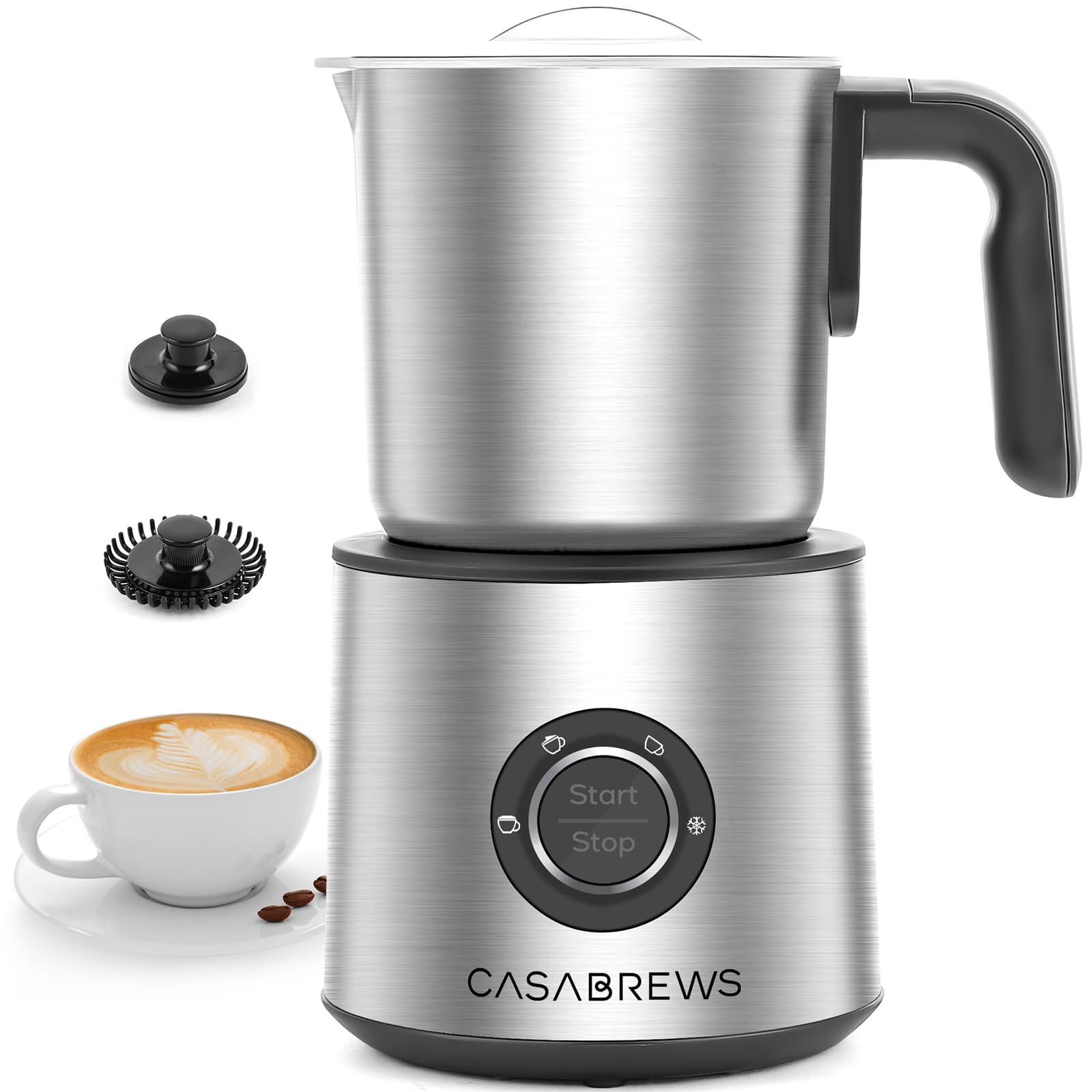 CASABREWS Milk Frother, 4-in-1 Stainless Steel Milk Steamer, Hot and Cold Electric Milk Frother for Coffee, Latte, Cappuccinos, Hot Chocolate, One-Button Control, Dishwasher Safe, Gifts for Women Men