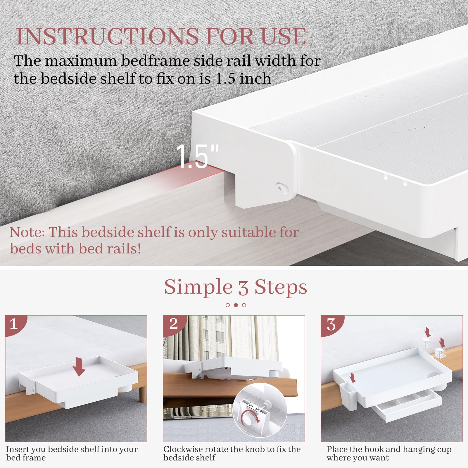 SOLEJAZZ Bedside Shelf for Bed, Foldable Bunk Bed Shelf Clip On Nightstand Tray College Dorm Room Essential Table Caddy with Drawer, Cup & Cord Holder for Top Bunk Organizer Bedroom Nightstand, White