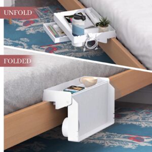 SOLEJAZZ Bedside Shelf for Bed, Foldable Bunk Bed Shelf Clip On Nightstand Tray College Dorm Room Essential Table Caddy with Drawer, Cup & Cord Holder for Top Bunk Organizer Bedroom Nightstand, White