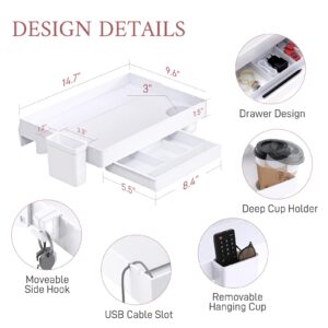 SOLEJAZZ Bedside Shelf for Bed, Foldable Bunk Bed Shelf Clip On Nightstand Tray College Dorm Room Essential Table Caddy with Drawer, Cup & Cord Holder for Top Bunk Organizer Bedroom Nightstand, White