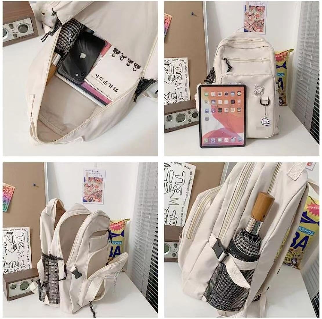 Aesthetic Backpack Cute Kawaii Backpack with Pins and Pendant Laptop Bag Casual Daypack for Women (Black,One Size)