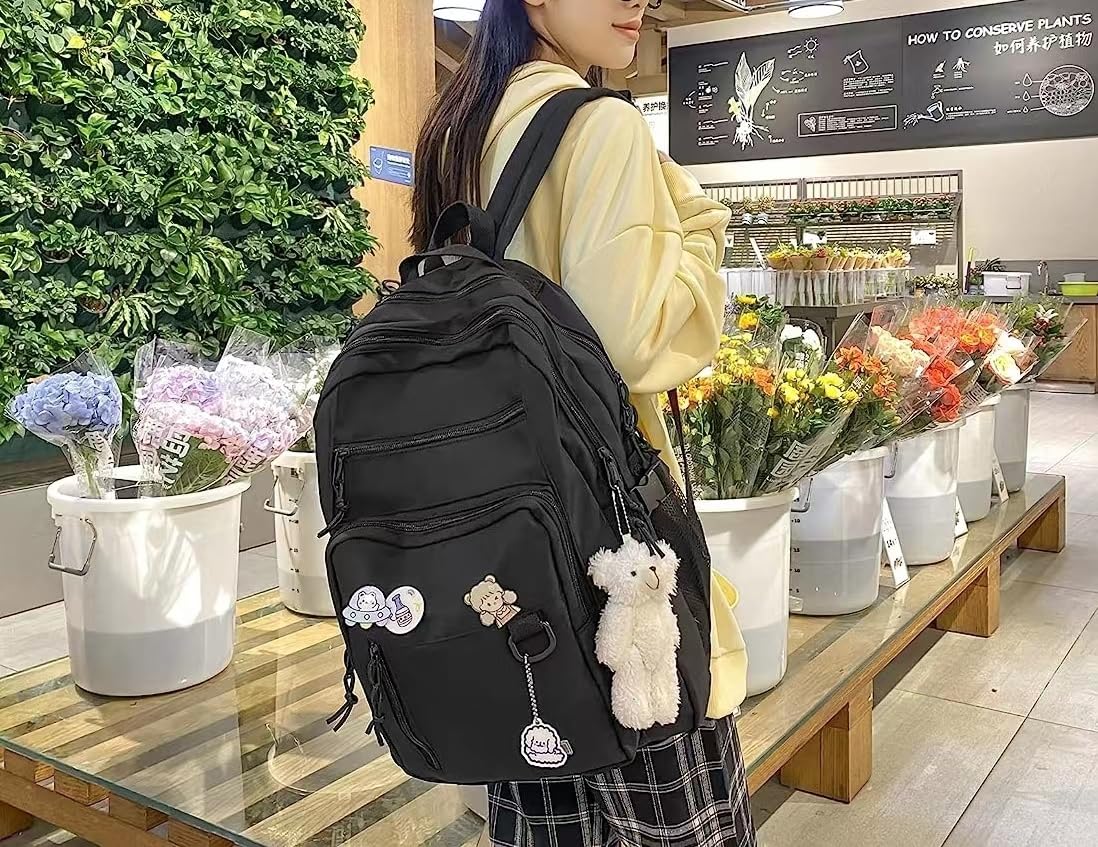 Aesthetic Backpack Cute Kawaii Backpack with Pins and Pendant Laptop Bag Casual Daypack for Women (Black,One Size)