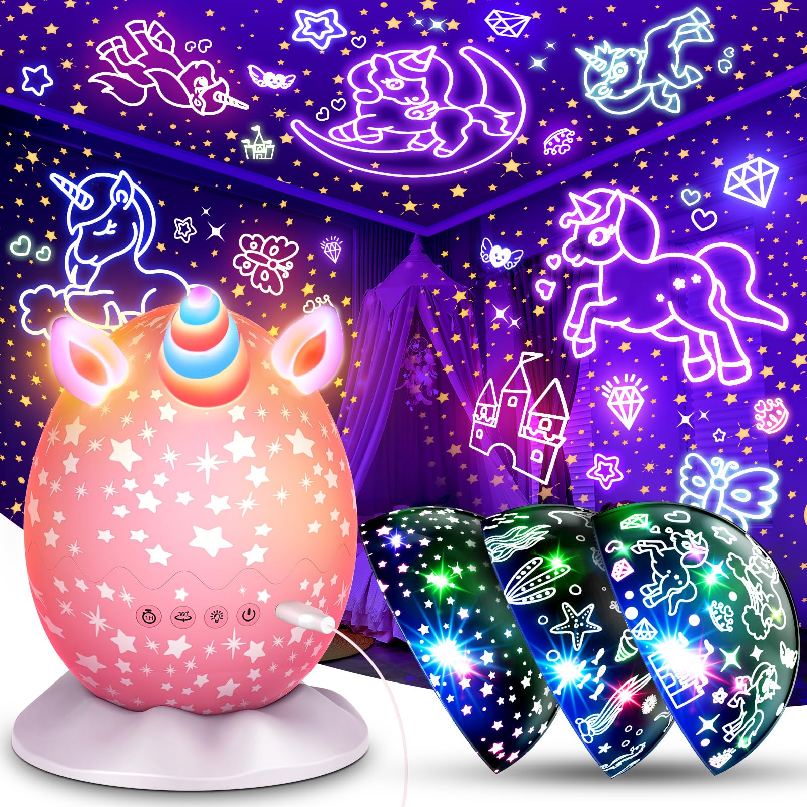 STRAWBETTER Unicorn Night Light Kids Toys 3 in 1 Unicorns & Starry Sky & Sea World Nights Lights Projector for 3 4 5 6 7 8 9 10 11 12 Year Old Girls Birthday Basket Stuffers Gifts for Kids 3-12
