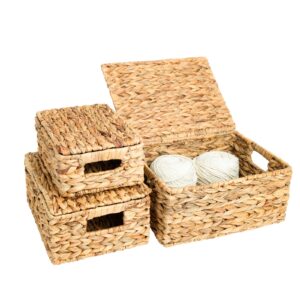 OEHID Wicker Storage Baskets with Lid, Hand-Woven Rectangular Wicker Basket with Lid for Bedroom & Living Room, Nesting Rattan Basket with Lid for Shelves (Water Hyacinth, 3-Pack)