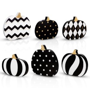 treory fall thanksgiving table decorations: 6ct black white pumpkin thanksgiving tiered tray decor, autumn pumpkins with stripe and gold dots, kitchen desk tabletop wooden sign for home school office