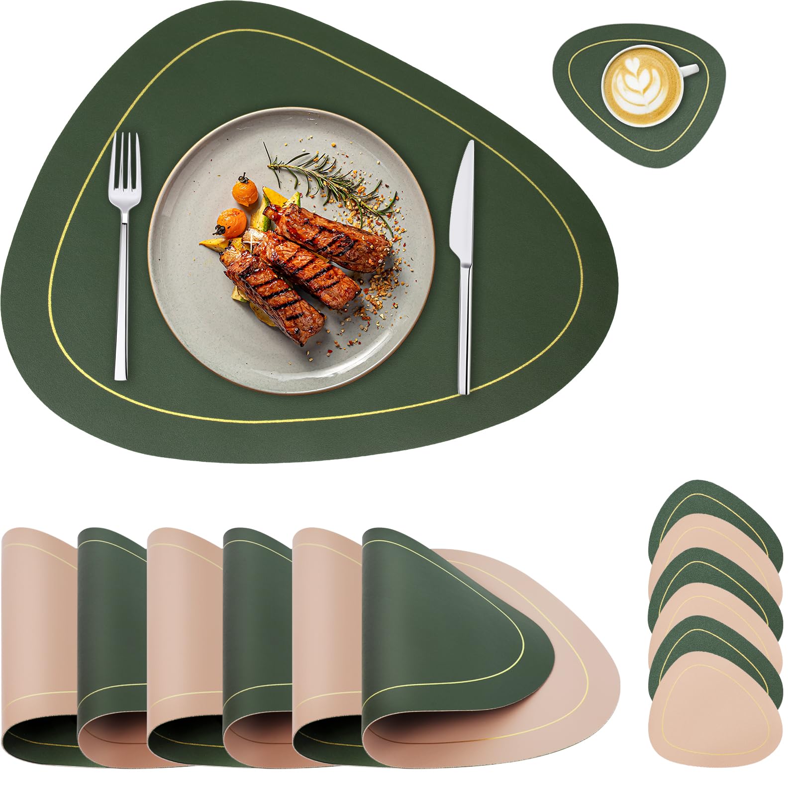 Placemats Set of 6 Double-Sided Leather Washable Heat Resistant Placemats with Coasters Waterproof Oil-Proof Wipeable Place Mats for Kitchen Table Dining Patio Indoor Outdoor Table Mats-Green