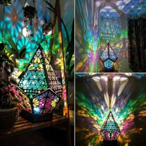 bohemian wooden colorful projection lamp, desktop hollow geometric led neon, retro decorative floor lamp light for party holiday wedding decor, bookcase decorative lamp