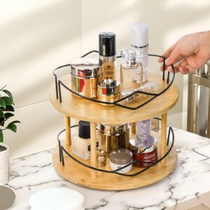 Yopay Lazy Susan Organizer 2 Tier, Bamboo Rotating Spice Rack for Kitchen Countertop Cabinet, Spinning Makeup Turntable Organizer with Steel Side for Vanity, Dining Table, Pantry, Condiments, 11 Inch