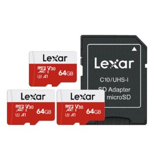 Lexar E-Series 64GB Micro SD Card 3 Pack, microSDXC UHS-I Flash Memory Card with Adapter, 100MB/s, C10, U3, A1, V30, Full HD, 4K UHD, High Speed TF Card