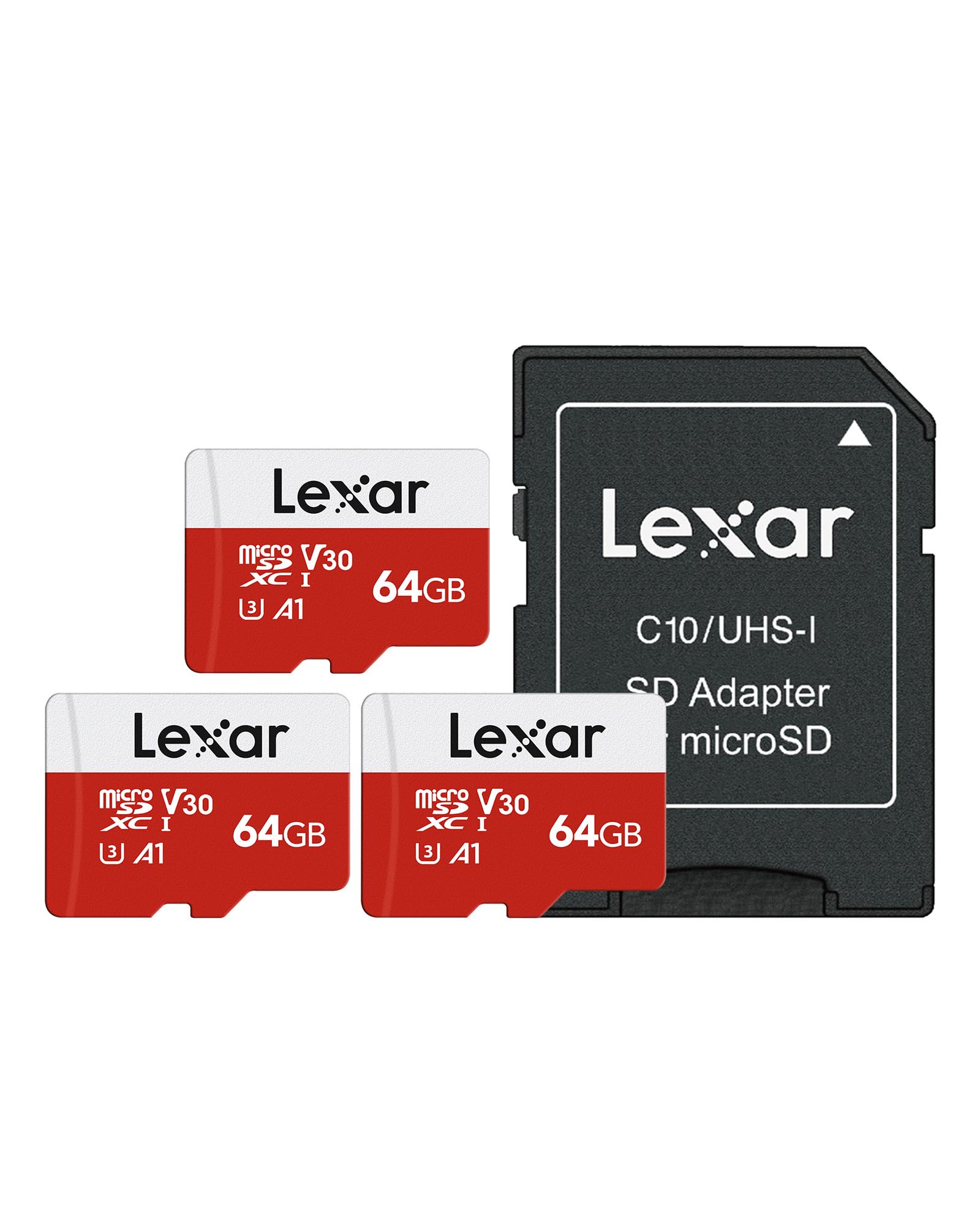 Lexar E-Series 64GB Micro SD Card 3 Pack, microSDXC UHS-I Flash Memory Card with Adapter, 100MB/s, C10, U3, A1, V30, Full HD, 4K UHD, High Speed TF Card