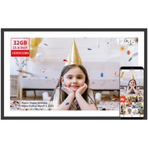 tapinsaw frameo digital picture frame,15.6 inch 32gb large wifi photo frame with 1920x1080 full hd touchscreen,wall mountable,auto-rotate,easy to send pictures and videos via free app black df108