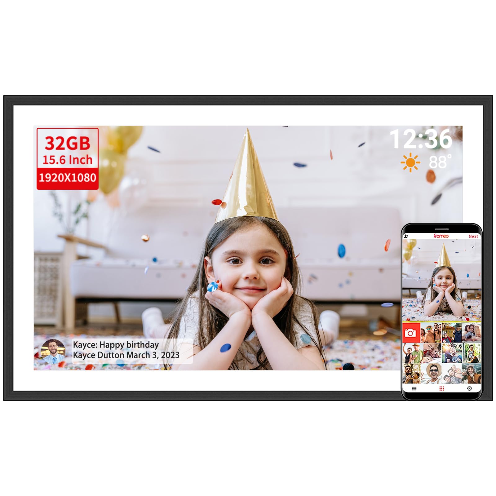 TAPINSAW Frameo Digital Picture Frame,15.6 Inch 32GB Large WiFi Photo Frame with 1920x1080 Full HD Touchscreen,Wall Mountable,Auto-Rotate,Easy to Send Pictures and Videos via Free App Black DF108