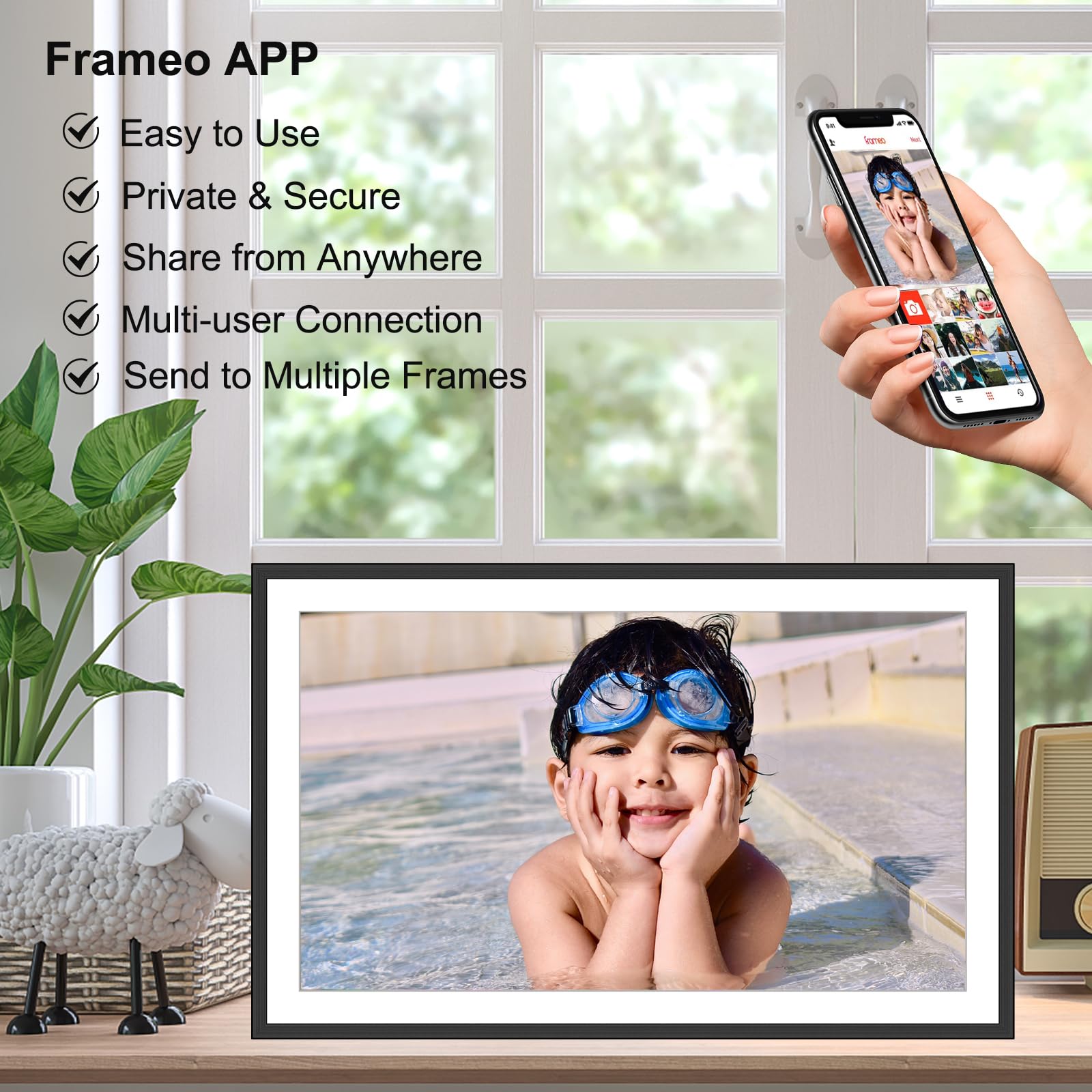 TAPINSAW Frameo Digital Picture Frame,15.6 Inch 32GB Large WiFi Photo Frame with 1920x1080 Full HD Touchscreen,Wall Mountable,Auto-Rotate,Easy to Send Pictures and Videos via Free App Black DF108