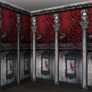 6pcs halloween gothic mansion backdrop decoration, plastic halloween gothic mansion room scene setters photography background wallpapers for halloween haunted house party decoration, 54×108 inches