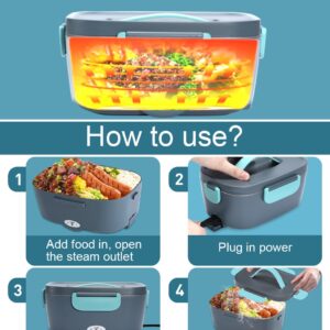 CHARMDOO Electric Lunch Box, 80W Portable Lunch Warmer Food Heater for Adults Car/Truck/Office 12/24/110V, Fast Heating Lunchbox with Leak Proof Lid SS Container, Grayish Blue