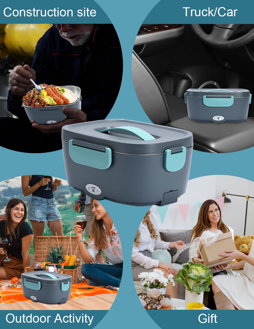 CHARMDOO Electric Lunch Box, 80W Portable Lunch Warmer Food Heater for Adults Car/Truck/Office 12/24/110V, Fast Heating Lunchbox with Leak Proof Lid SS Container, Grayish Blue