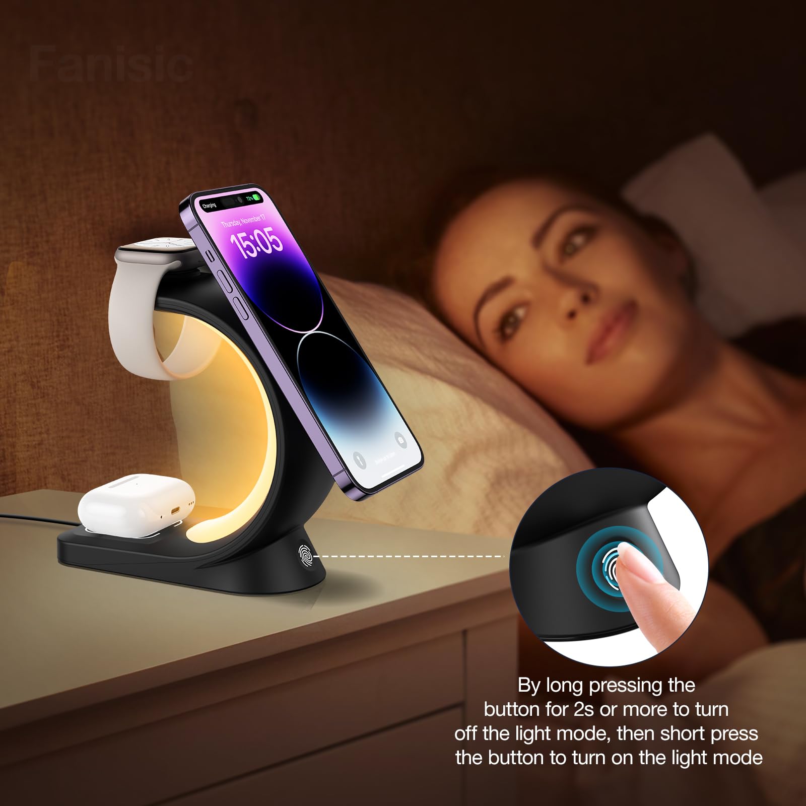 Magnetic Multi Wireless Stand Compatible with Apple MagSafe Charger with RGB LED Night Light, 3 in-1 Fast Charger Station for iPhone 15/14/13/12 Series(Pro, Max), for iWatch 2 to 9 and Airpods (Black)