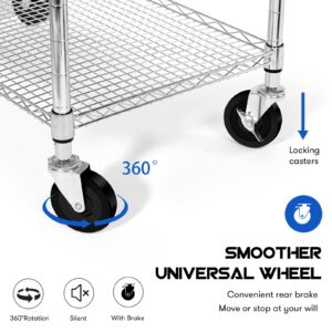 YNN Metal Utility Rolling Cart, 990lbs Capacity 3 Tier Heavy Duty NSF Rolling Chrome Trolley Cart with Wheels & Wire Shelving & Handle Bar-Storage Carts on Wheels for Kitchen, Office, Outdoor,Serving