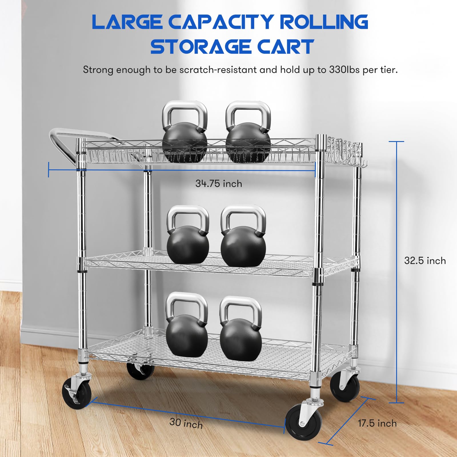 YNN Metal Utility Rolling Cart, 990lbs Capacity 3 Tier Heavy Duty NSF Rolling Chrome Trolley Cart with Wheels & Wire Shelving & Handle Bar-Storage Carts on Wheels for Kitchen, Office, Outdoor,Serving