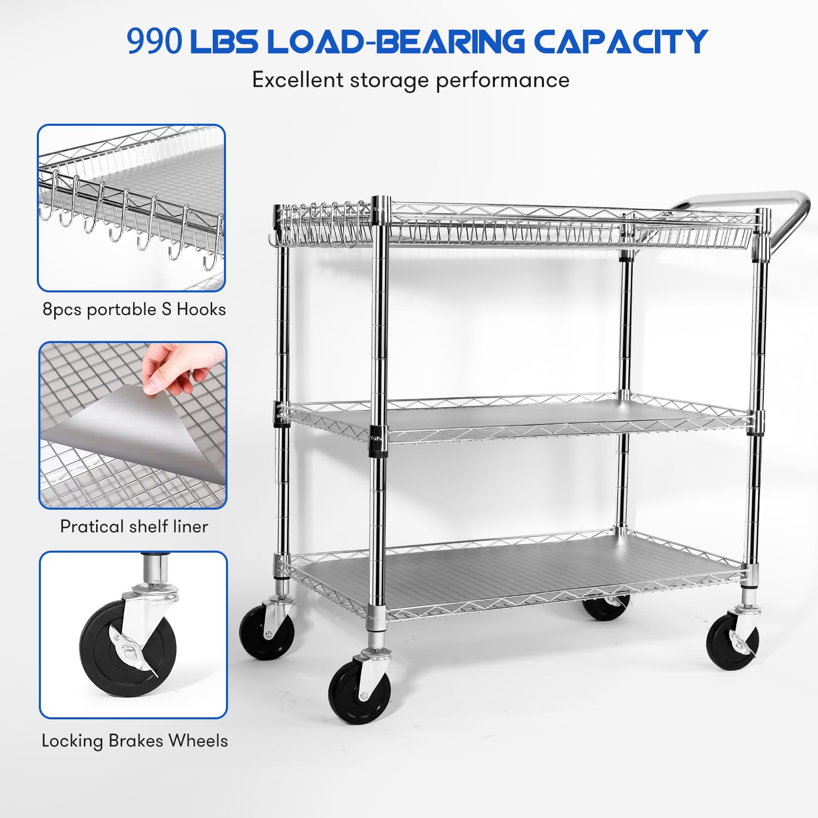 YNN Metal Utility Rolling Cart, 990lbs Capacity 3 Tier Heavy Duty NSF Rolling Chrome Trolley Cart with Wheels & Wire Shelving & Handle Bar-Storage Carts on Wheels for Kitchen, Office, Outdoor,Serving