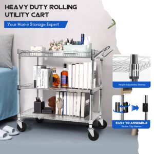 YNN Metal Utility Rolling Cart, 990lbs Capacity 3 Tier Heavy Duty NSF Rolling Chrome Trolley Cart with Wheels & Wire Shelving & Handle Bar-Storage Carts on Wheels for Kitchen, Office, Outdoor,Serving