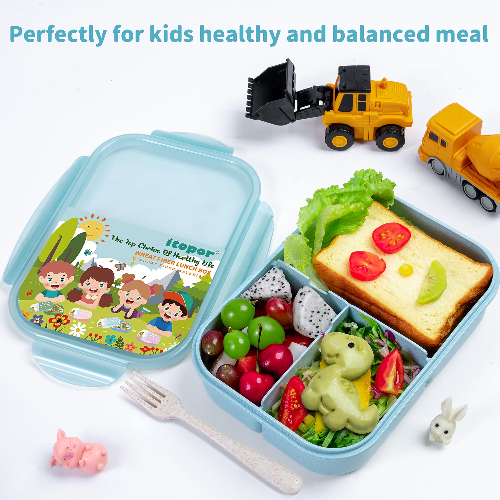 Itopor® Lunch Box,Ideal Leak-Proof Bento Box for Kids & Adults,Natural Wheat Fiber Material,Mom's Eco-Friendly Choice,Kids Lunch Box No BPA & Dyes,Healthy Food-Safe Lunch Container for Family(Blue)