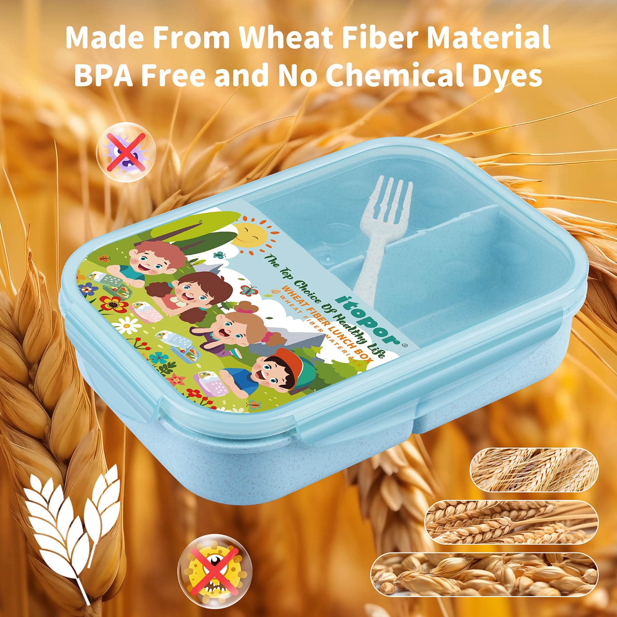 Itopor® Lunch Box,Ideal Leak-Proof Bento Box for Kids & Adults,Natural Wheat Fiber Material,Mom's Eco-Friendly Choice,Kids Lunch Box No BPA & Dyes,Healthy Food-Safe Lunch Container for Family(Blue)