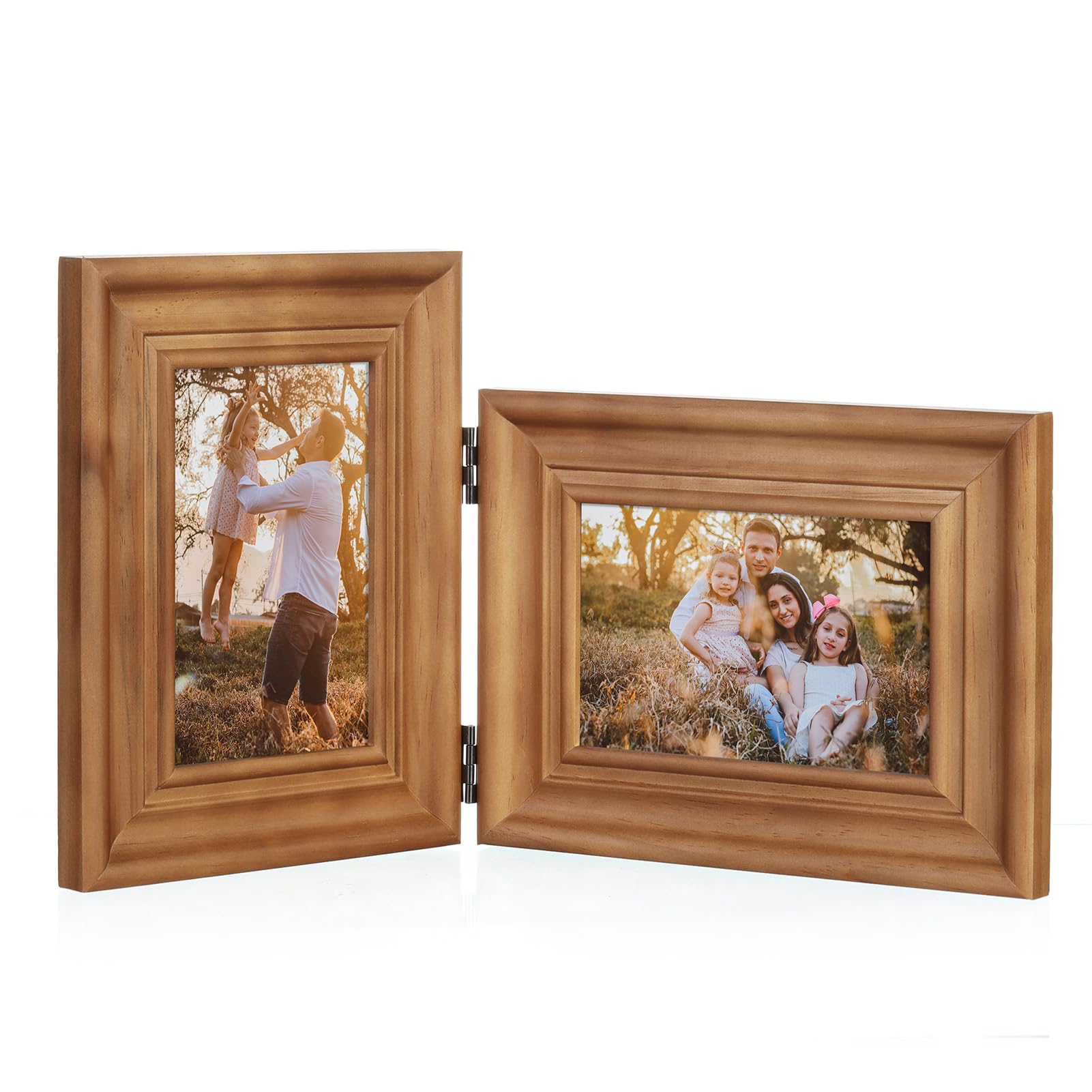 Tamolus 4x6 Double Hinged Picture Frame Folding Photo Frame Vertical and Horizontal in Distressed Farmhouse Wood Grain Pine Wood with Real Glass for Tabletop X5-MU-SH46