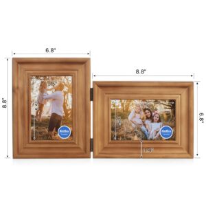 Tamolus 4x6 Double Hinged Picture Frame Folding Photo Frame Vertical and Horizontal in Distressed Farmhouse Wood Grain Pine Wood with Real Glass for Tabletop X5-MU-SH46