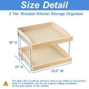 LOVMOR 2 Tier Soft Close Pull Slide Out Cabinet Organizer 22½"W x 21" D,Wooden Cabinet Drawer Organizer with U Bracket,Slide Out Pantry Shelves with Full Extension Rail Slides for Kitchen Cabinet