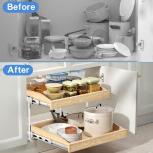 LOVMOR 2 Tier Soft Close Pull Slide Out Cabinet Organizer 22½"W x 21" D,Wooden Cabinet Drawer Organizer with U Bracket,Slide Out Pantry Shelves with Full Extension Rail Slides for Kitchen Cabinet