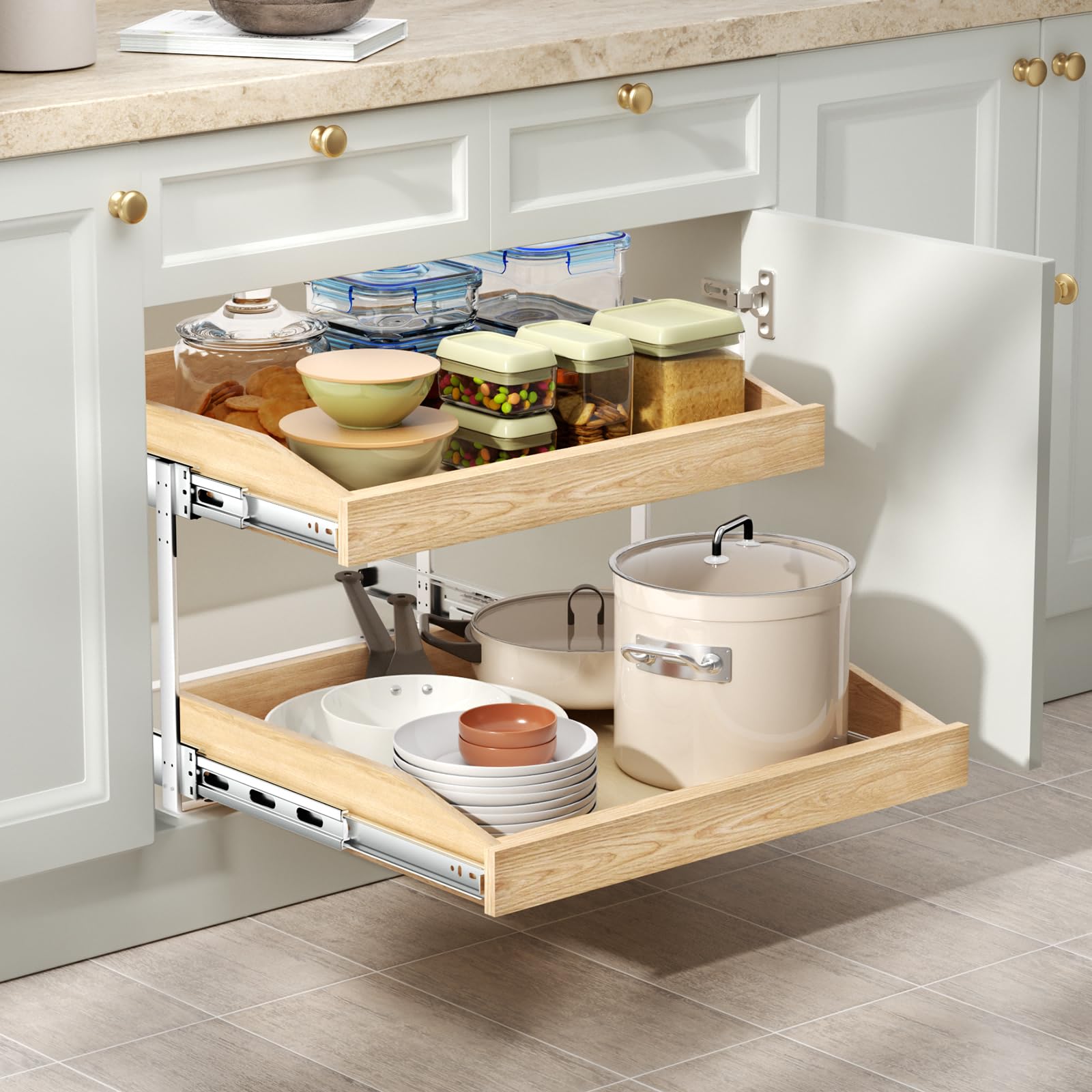 LOVMOR 2 Tier Soft Close Pull Slide Out Cabinet Organizer 22½"W x 21" D,Wooden Cabinet Drawer Organizer with U Bracket,Slide Out Pantry Shelves with Full Extension Rail Slides for Kitchen Cabinet