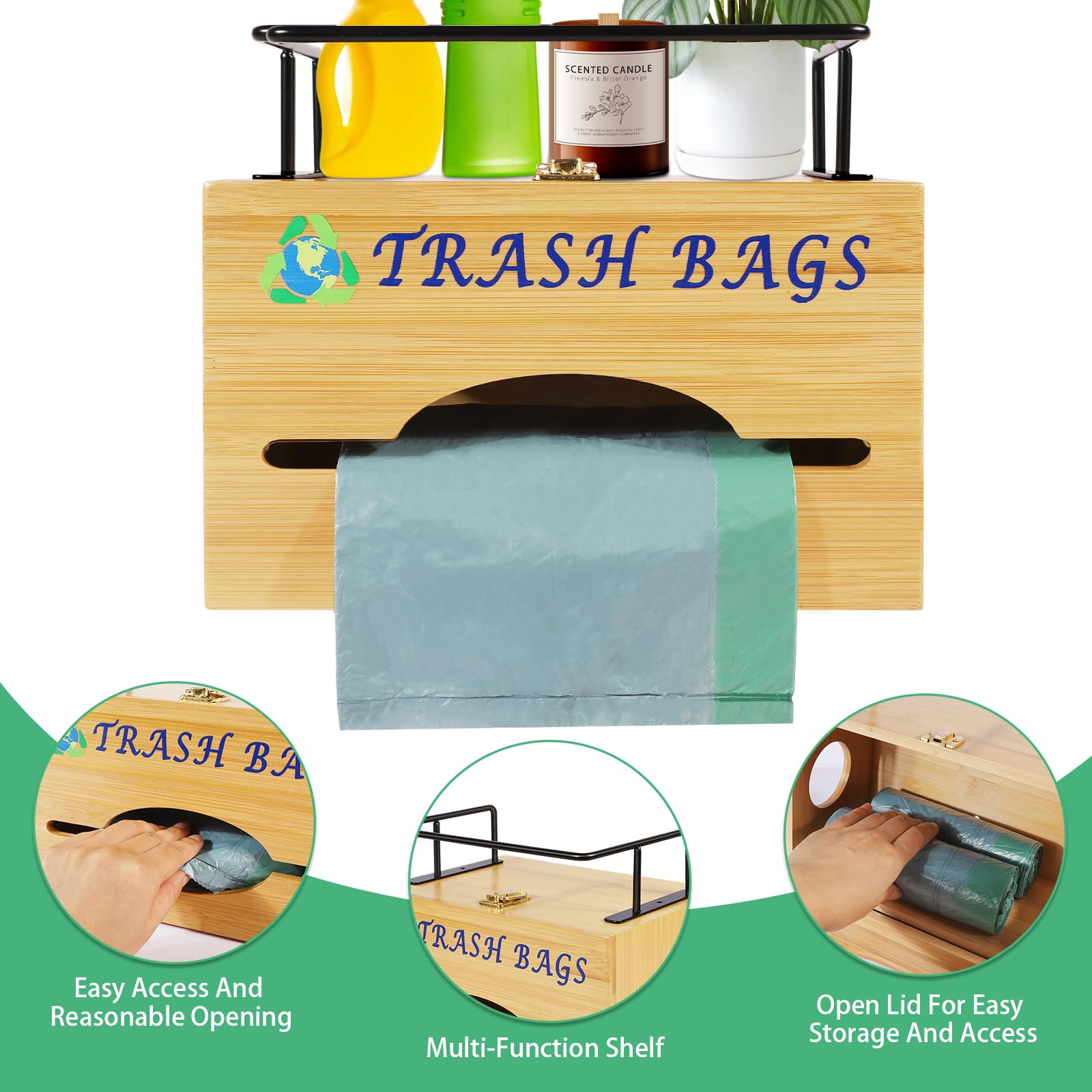 Dawnarriv Large Trash Bag Dispenser, Kitchen Garbage Bag Holder, Bamboo Trash Bag Organizer, Wall Mounted or on Countertop, Compatible with Big and Small Plastic Bags Rolls