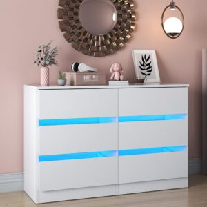 gdvsclr 6 drawer double dresser, bedroom dresser with led light, wood dresser for nursery, living room, hallway, handless design, 47.2''w×15.7''d×30.2''h (white)