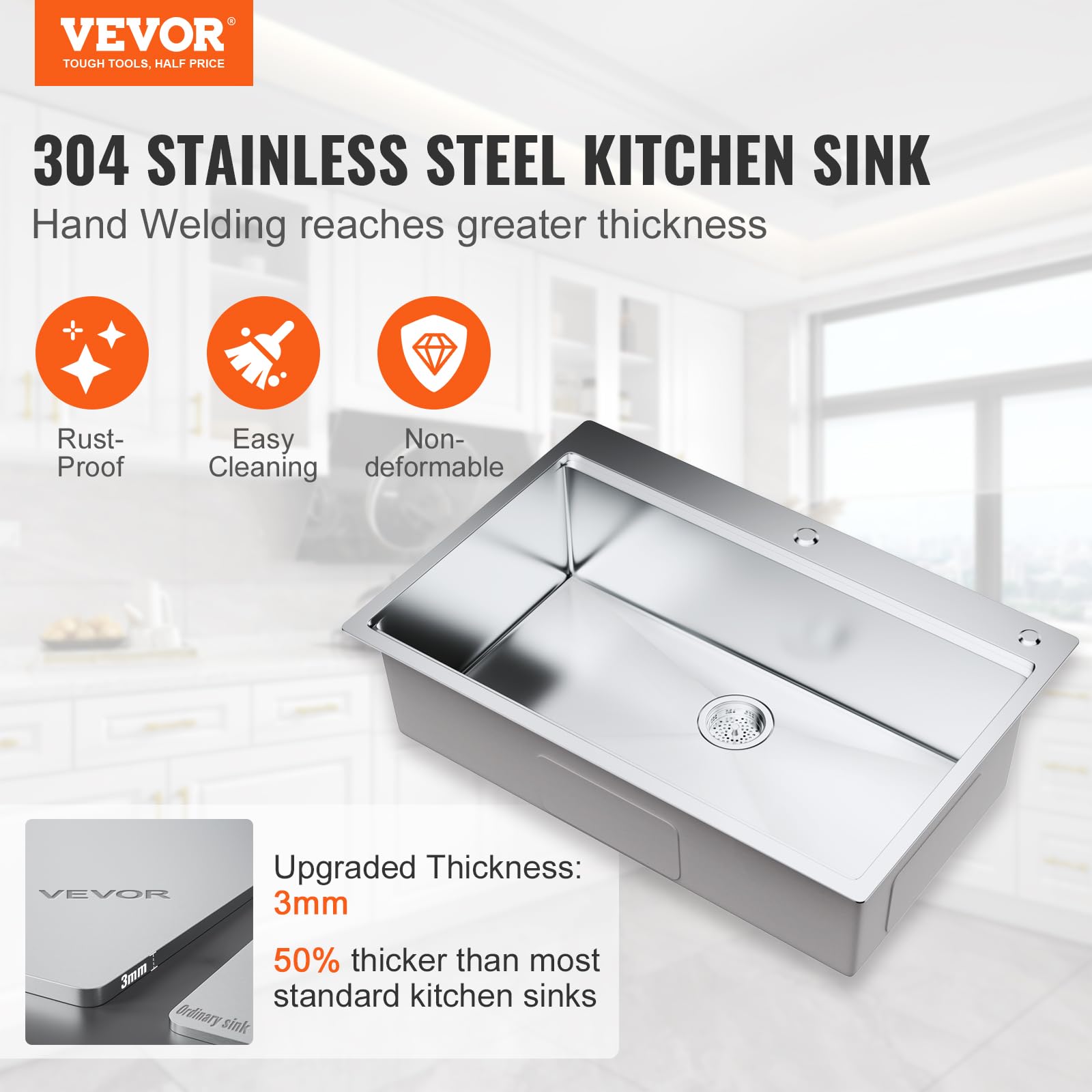 VEVOR Kitchen Sink, 304 Stainless Steel Drop-In Sinks, Top Mount Single Bowl Basin with Ledge and Accessories, Household Dishwasher Sinks for Workstation, RV, Prep Kitchen, and Bar Sink, 33 inch