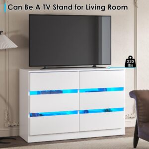 Gdvsclr 6 Drawer Double Dresser, Bedroom Dresser with Led Light, Wood Dresser for Nursery, Living Room, Hallway, Handless Design, 47.2''W×15.7''D×30.2''H (White)