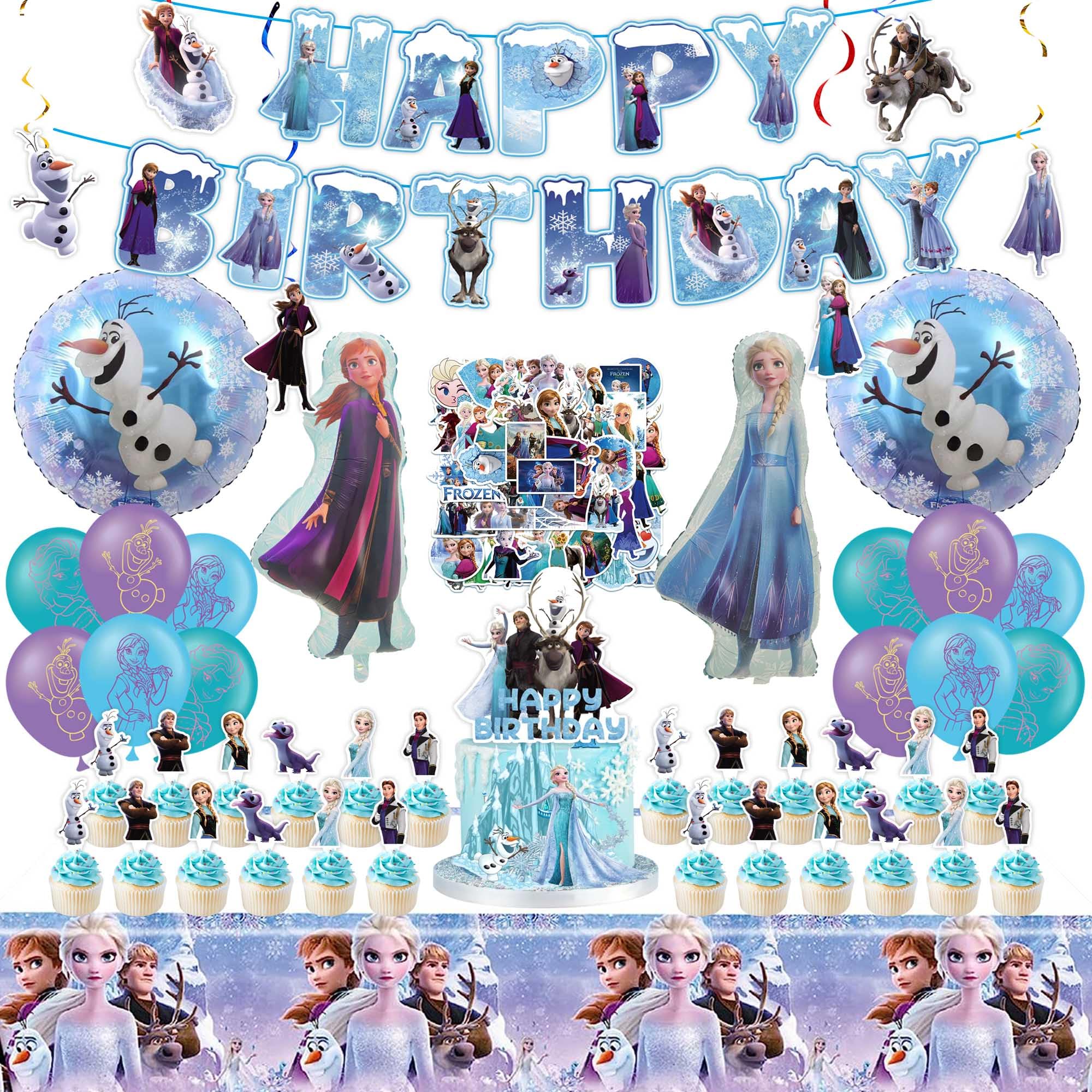 Frozen Birthday Party Supplies for Girls, Frozen Birthday Party Decorations Include Banner, Frozen Balloons, Hanging Swirls, Stickers, Cupcake Toppers, Tablecloth