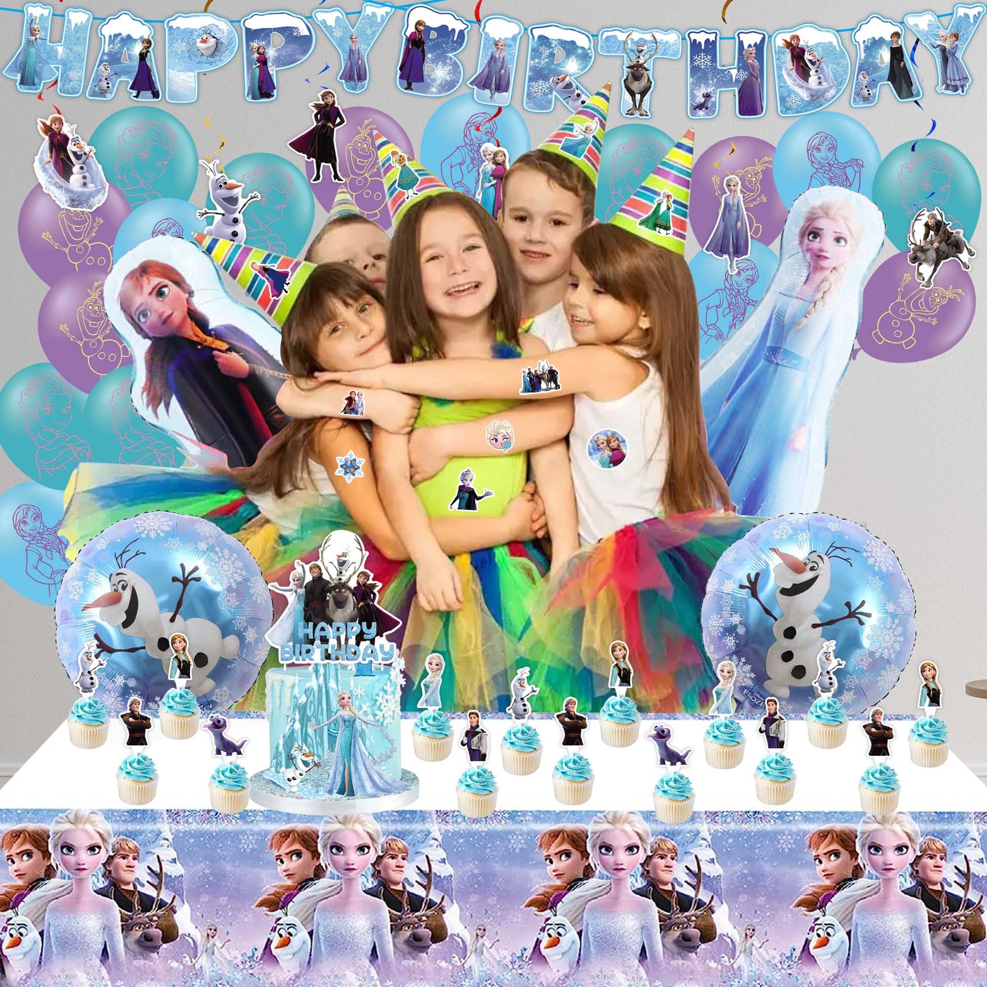 Frozen Birthday Party Supplies for Girls, Frozen Birthday Party Decorations Include Banner, Frozen Balloons, Hanging Swirls, Stickers, Cupcake Toppers, Tablecloth