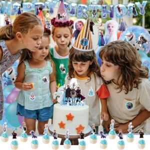 Frozen Birthday Party Supplies for Girls, Frozen Birthday Party Decorations Include Banner, Frozen Balloons, Hanging Swirls, Stickers, Cupcake Toppers, Tablecloth