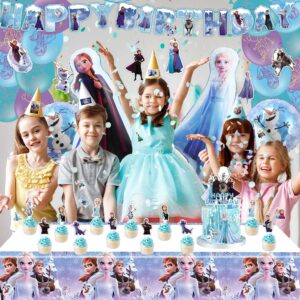 Frozen Birthday Party Supplies for Girls, Frozen Birthday Party Decorations Include Banner, Frozen Balloons, Hanging Swirls, Stickers, Cupcake Toppers, Tablecloth