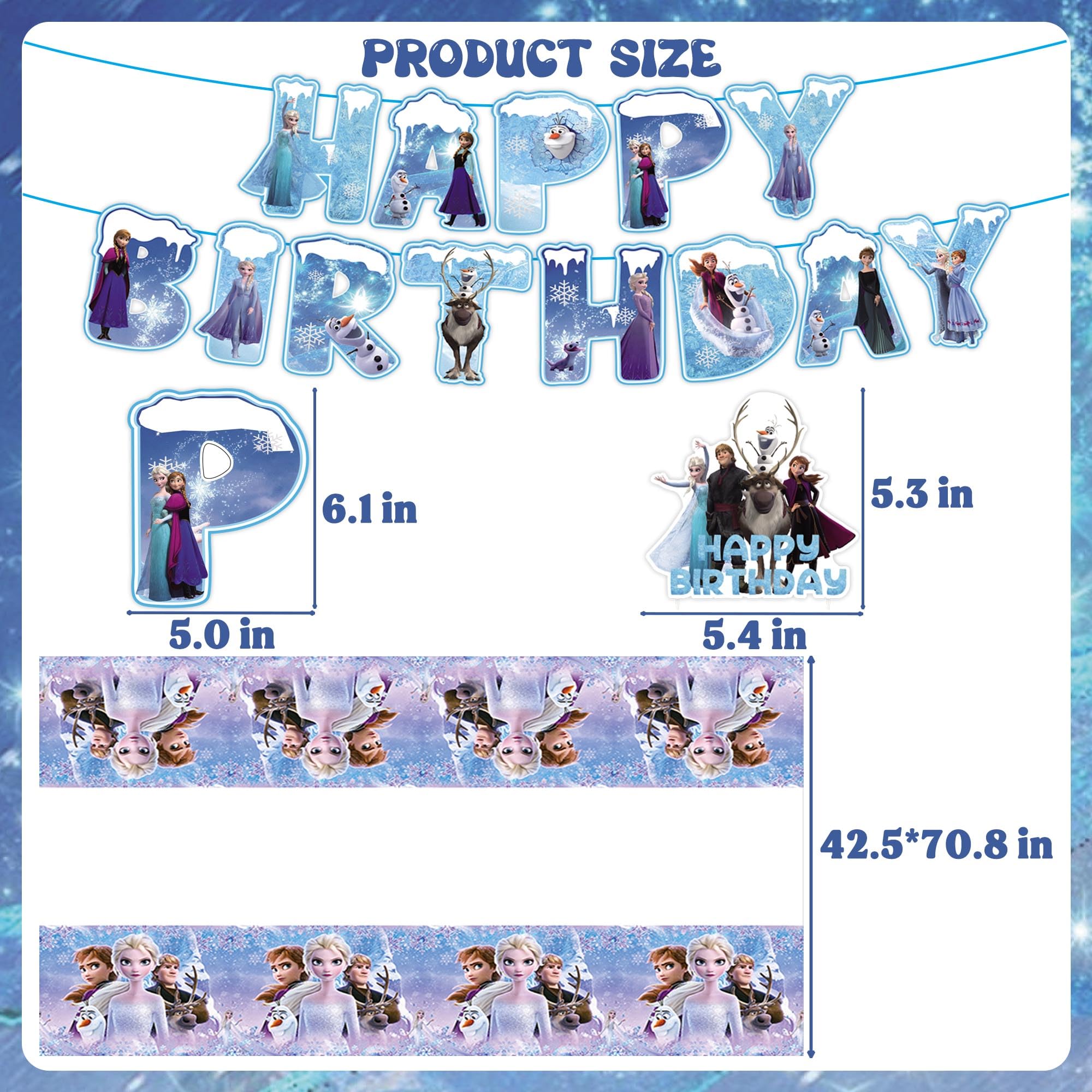 Frozen Birthday Party Supplies for Girls, Frozen Birthday Party Decorations Include Banner, Frozen Balloons, Hanging Swirls, Stickers, Cupcake Toppers, Tablecloth